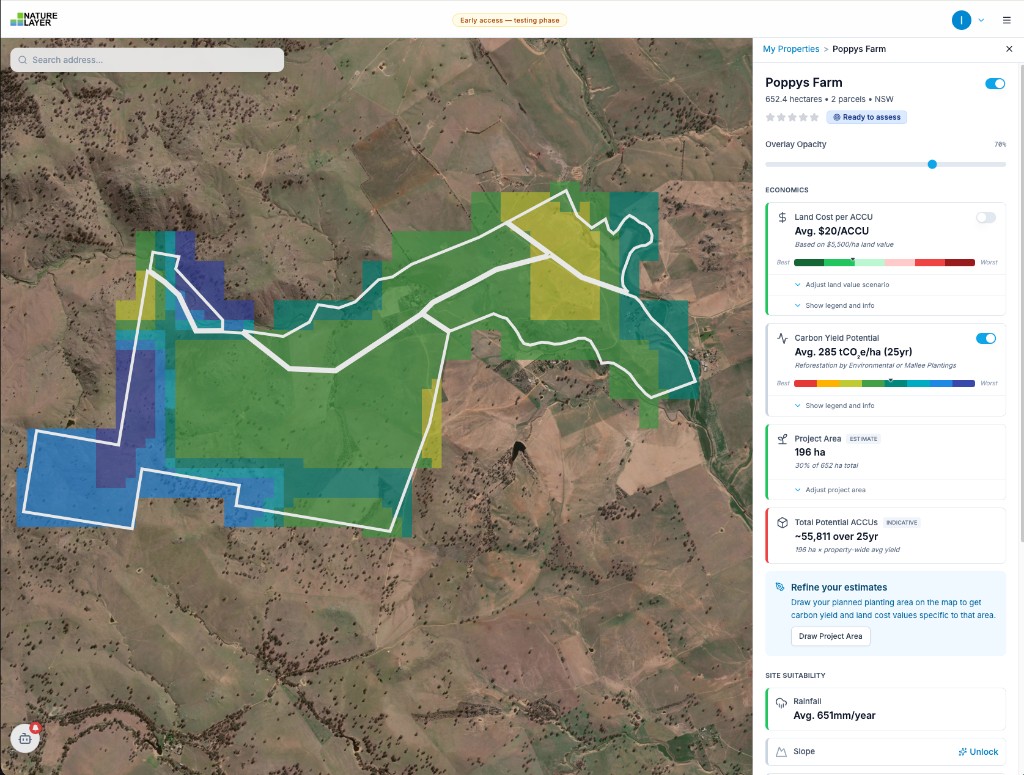 Complete Quick Scan results showing carbon yield, land cost per ACCU, project area, and rainfall
