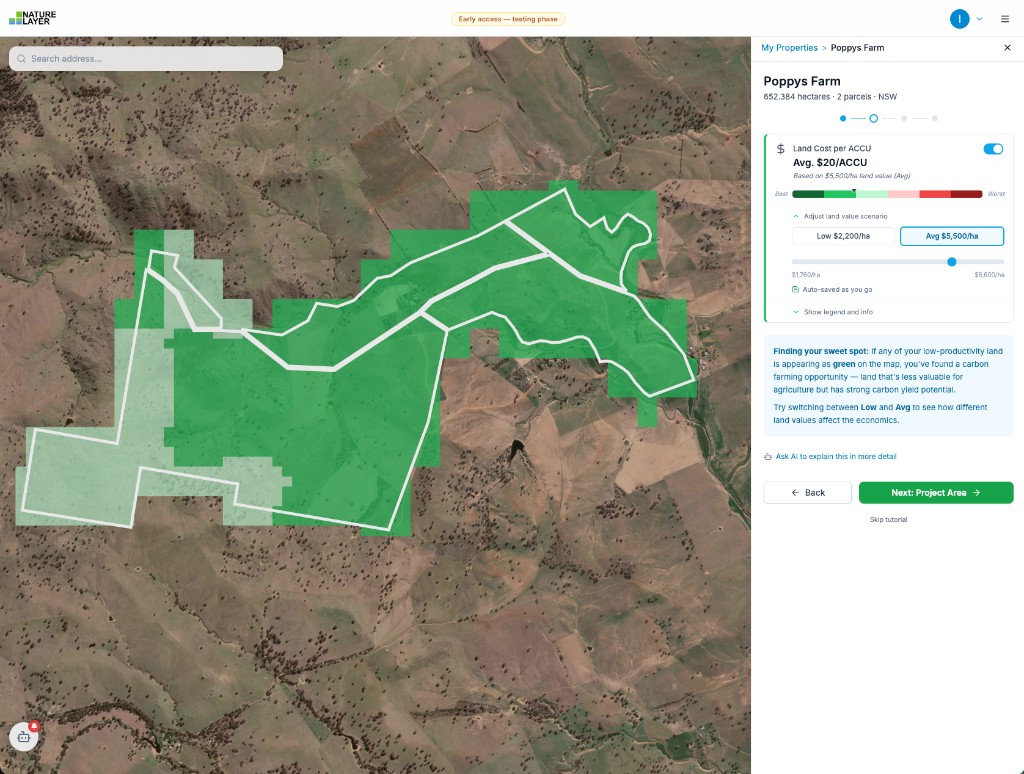 Property heatmap showing land cost per ACCU with green indicating strong potential